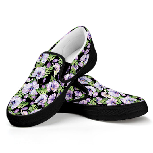 Watercolor Cattleya Pattern Print Black Slip On Shoes