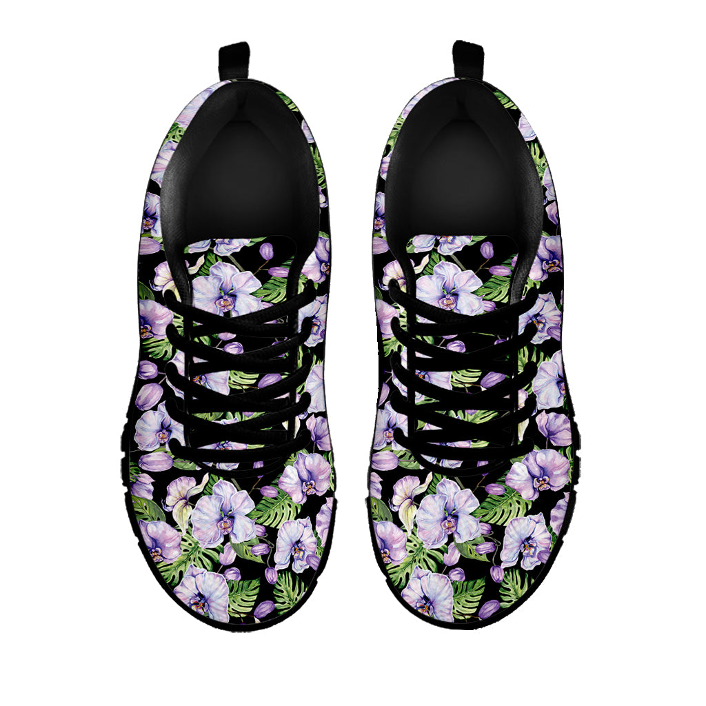 Watercolor Cattleya Pattern Print Black Sneakers