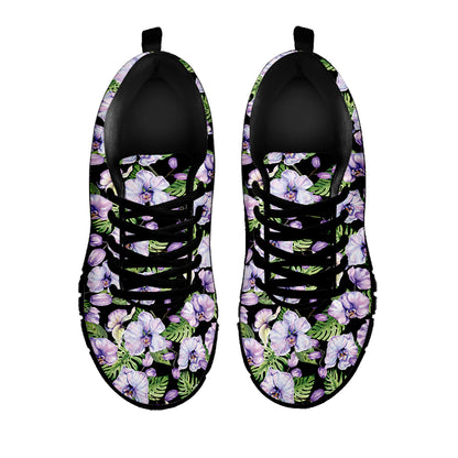 Watercolor Cattleya Pattern Print Black Sneakers