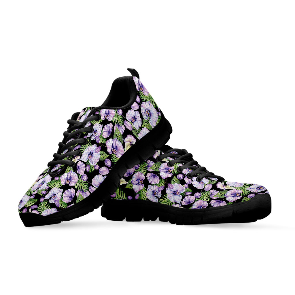 Watercolor Cattleya Pattern Print Black Sneakers