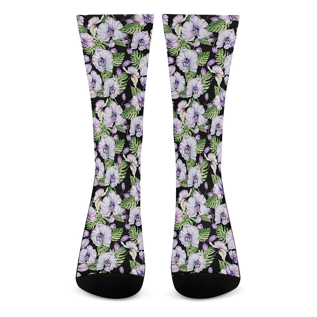 Watercolor Cattleya Pattern Print Crew Socks