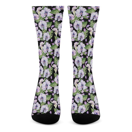 Watercolor Cattleya Pattern Print Crew Socks