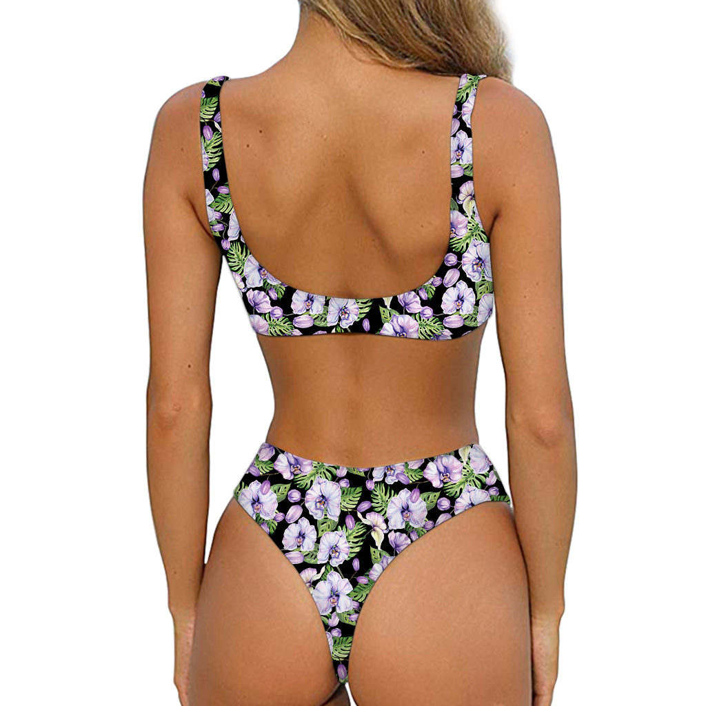 Watercolor Cattleya Pattern Print Front Bow Tie Bikini