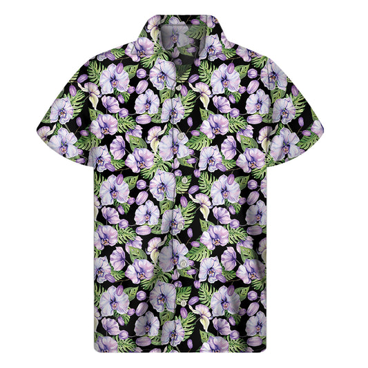 Watercolor Cattleya Pattern Print Men's Short Sleeve Shirt