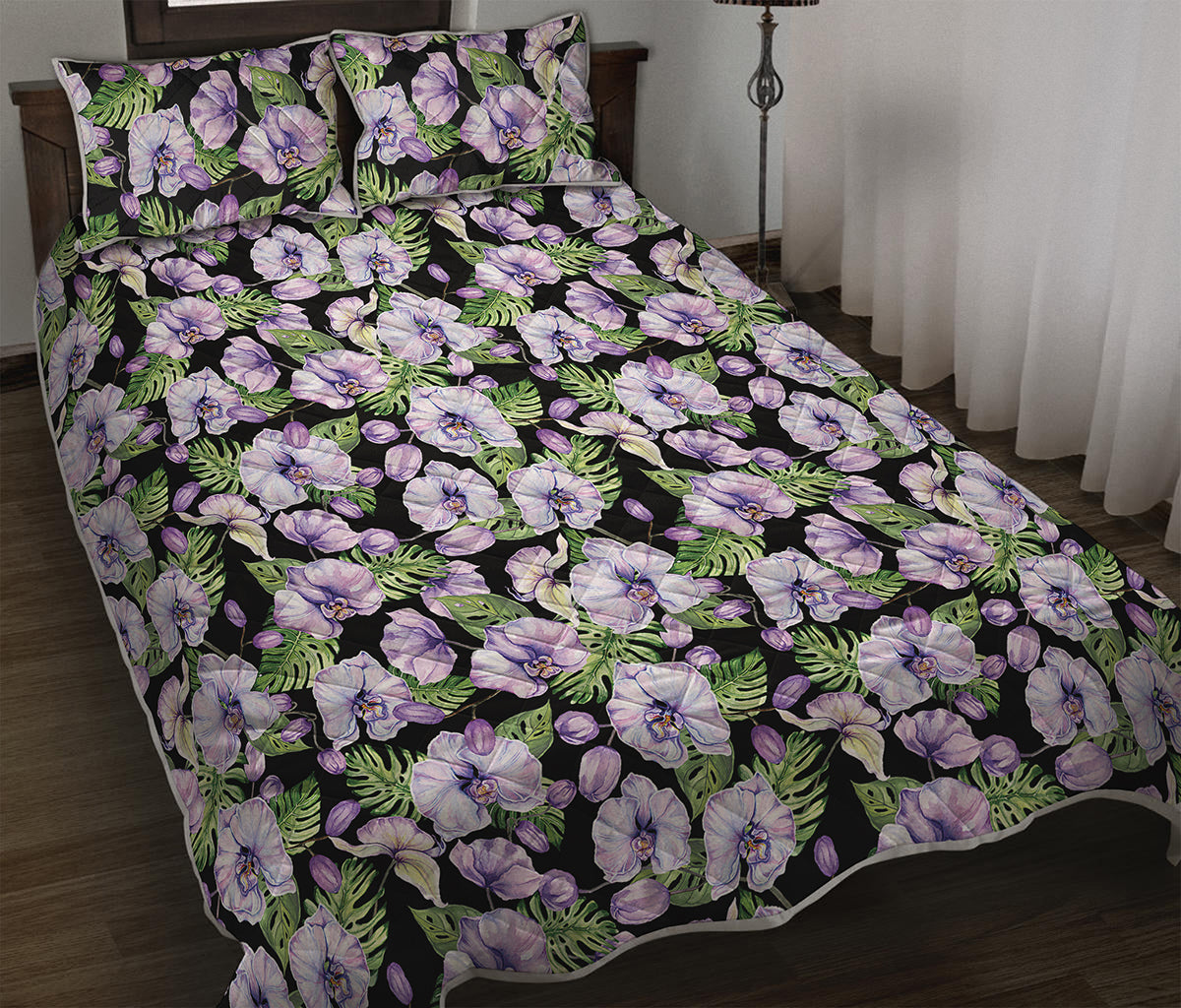 Watercolor Cattleya Pattern Print Quilt Bed Set