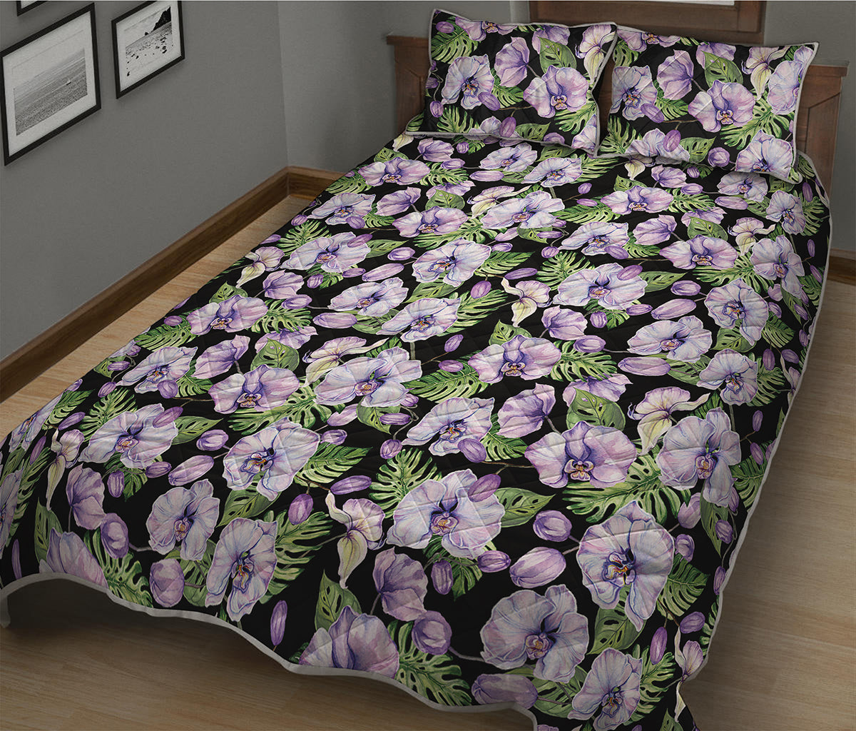 Watercolor Cattleya Pattern Print Quilt Bed Set