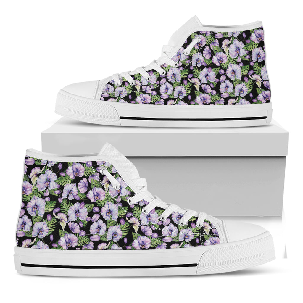 Watercolor Cattleya Pattern Print White High Top Shoes