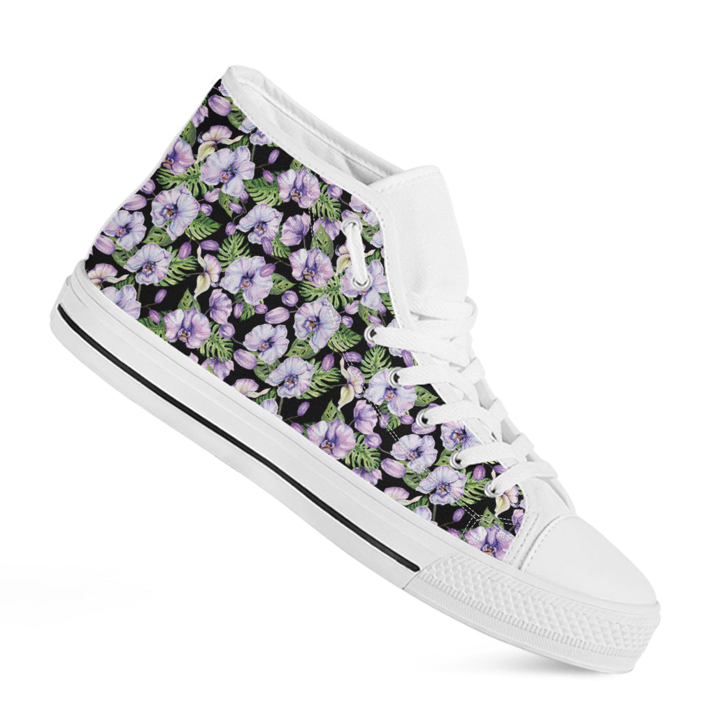 Watercolor Cattleya Pattern Print White High Top Shoes