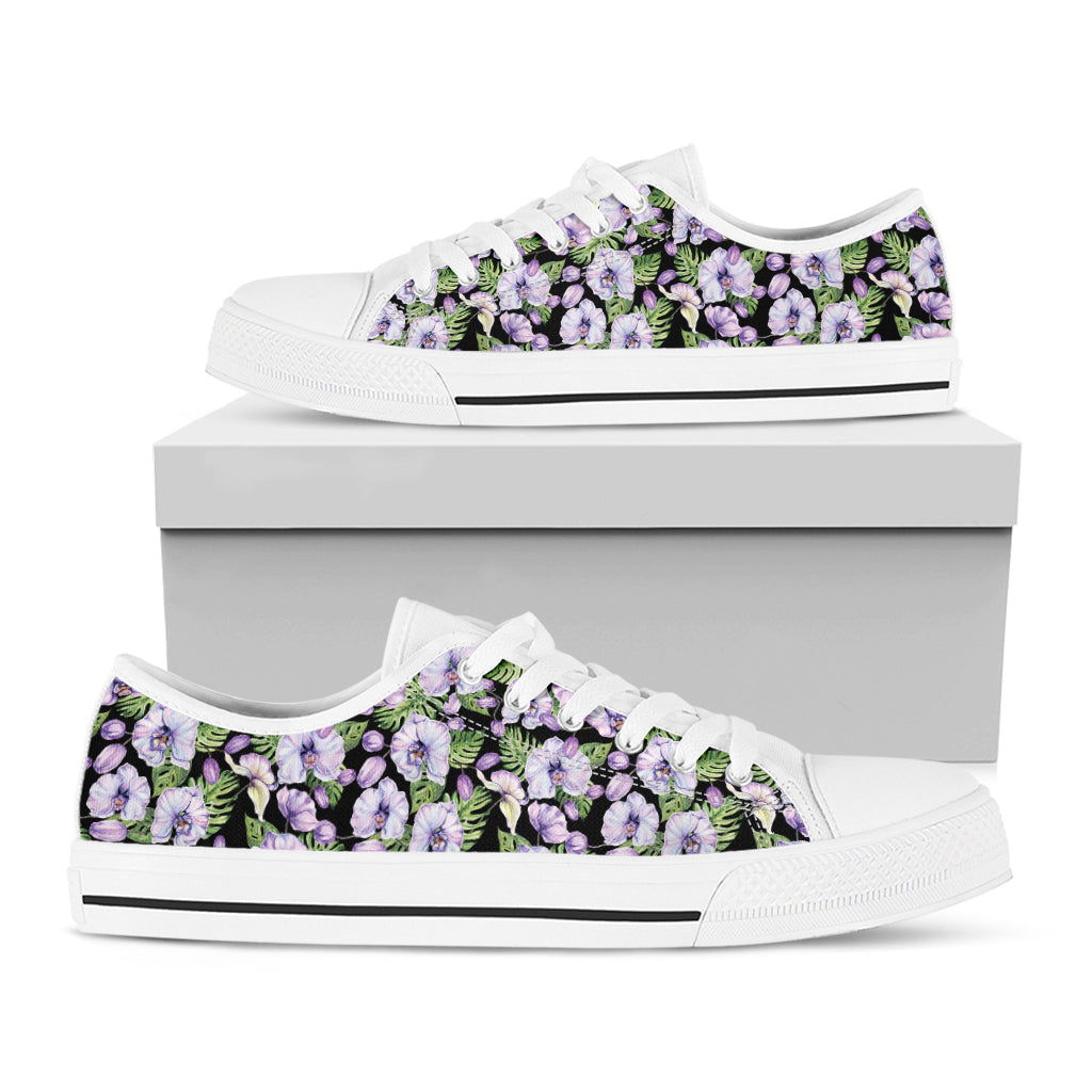 Watercolor Cattleya Pattern Print White Low Top Shoes