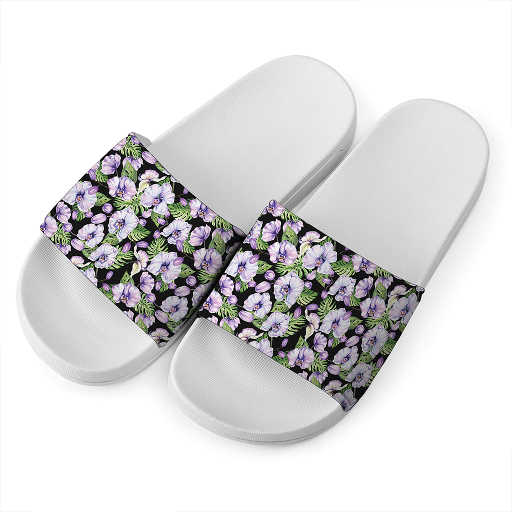 Watercolor Cattleya Pattern Print White Slide Sandals