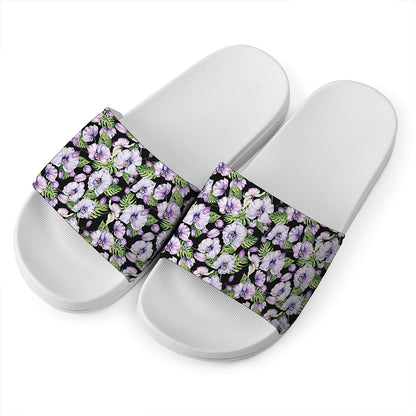 Watercolor Cattleya Pattern Print White Slide Sandals