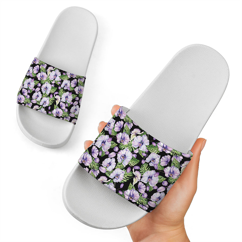 Watercolor Cattleya Pattern Print White Slide Sandals