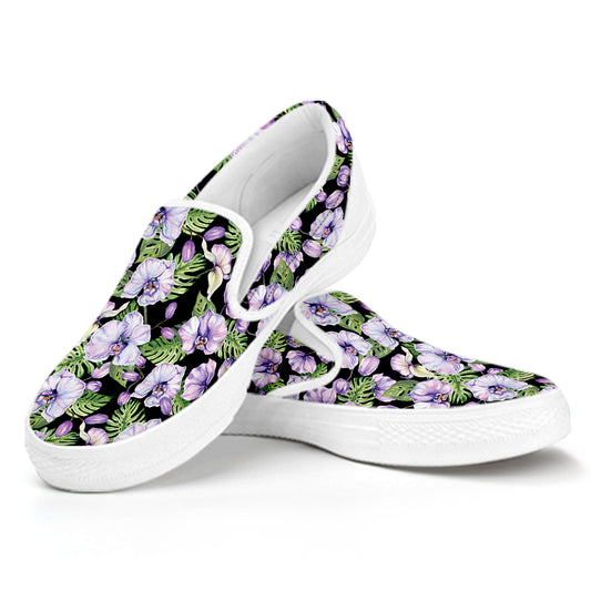 Watercolor Cattleya Pattern Print White Slip On Shoes