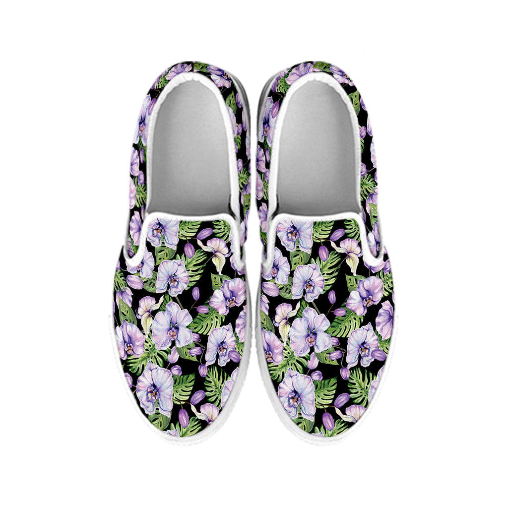 Watercolor Cattleya Pattern Print White Slip On Shoes