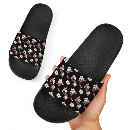 Watercolor Cherry Blossom Pattern Print Black Slide Sandals