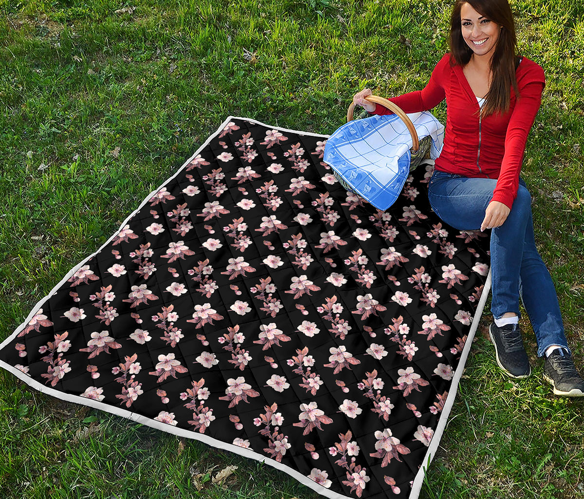 Watercolor Cherry Blossom Pattern Print Quilt