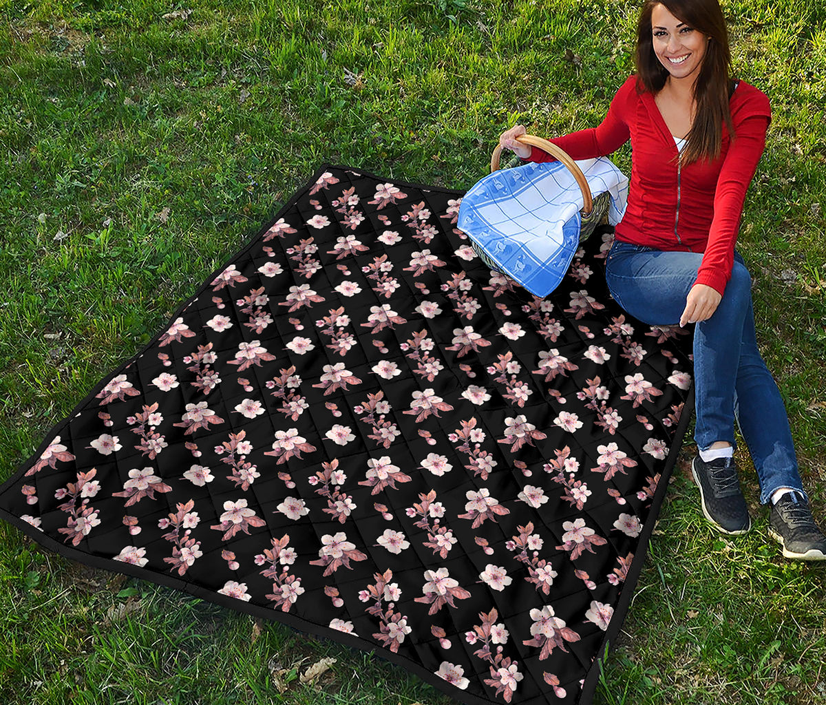 Watercolor Cherry Blossom Pattern Print Quilt