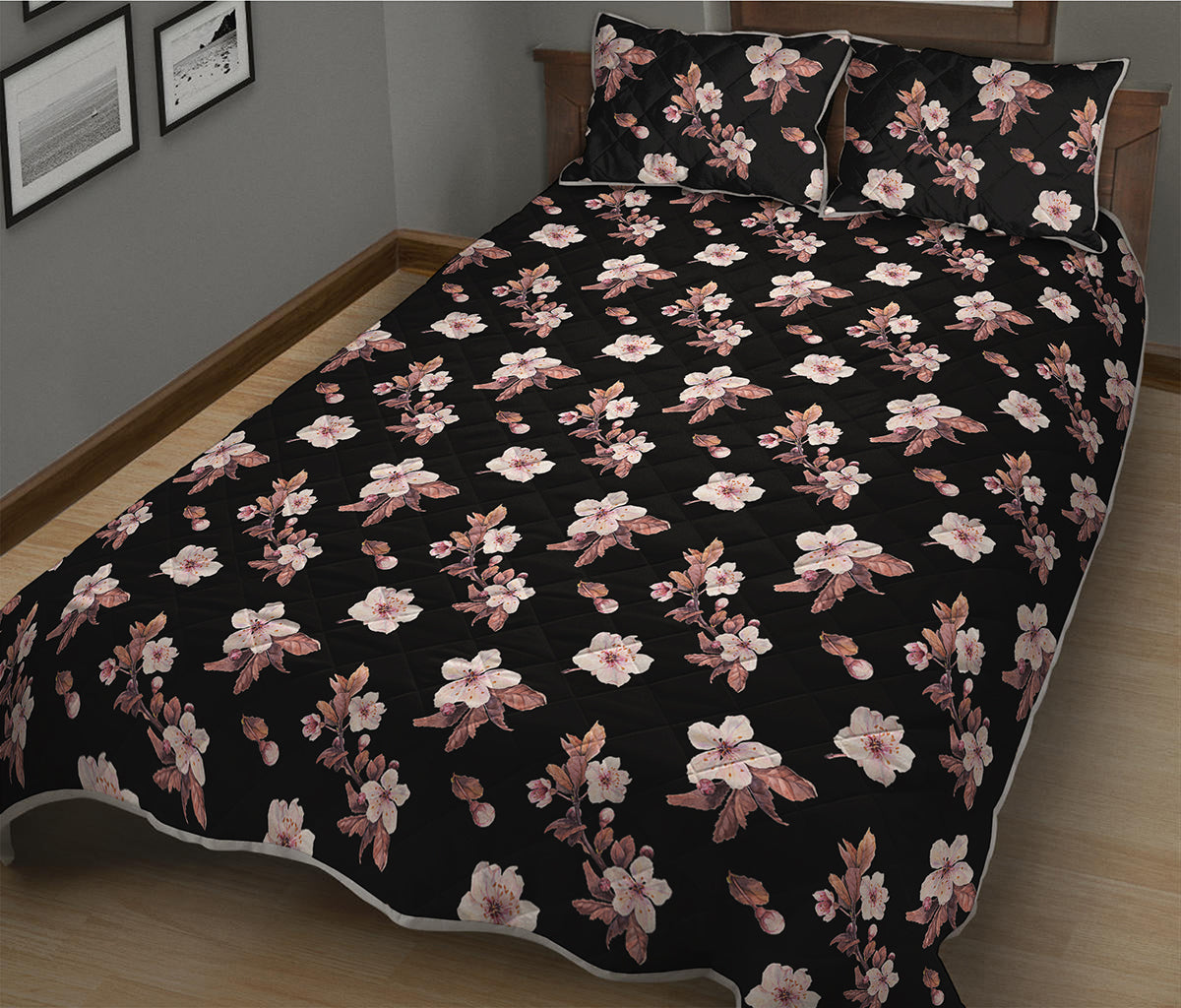 Watercolor Cherry Blossom Pattern Print Quilt Bed Set
