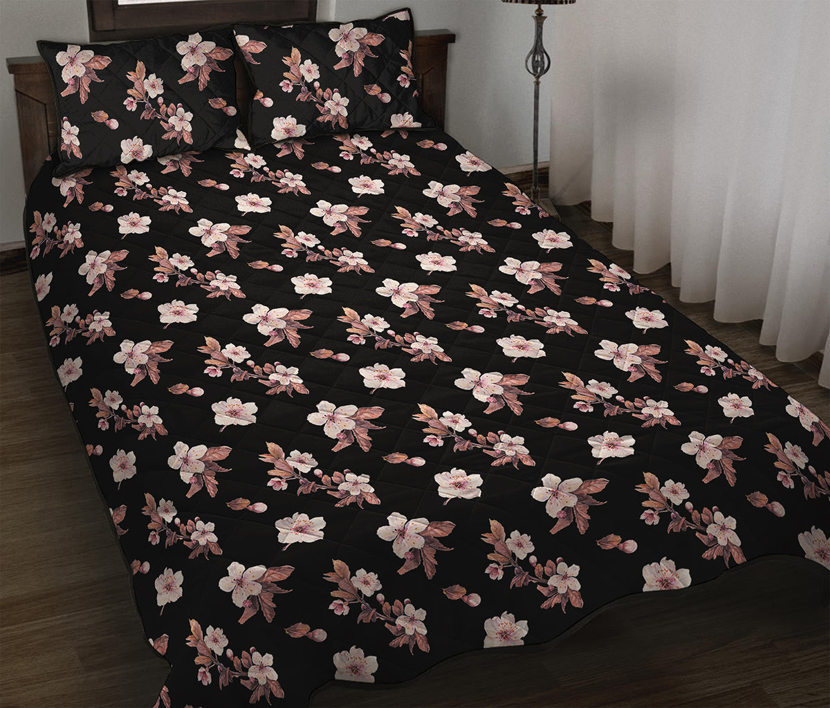Watercolor Cherry Blossom Pattern Print Quilt Bed Set
