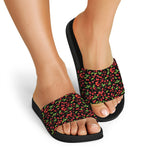 Watercolor Cherry Pattern Print Black Slide Sandals
