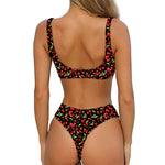 Watercolor Cherry Pattern Print Front Bow Tie Bikini