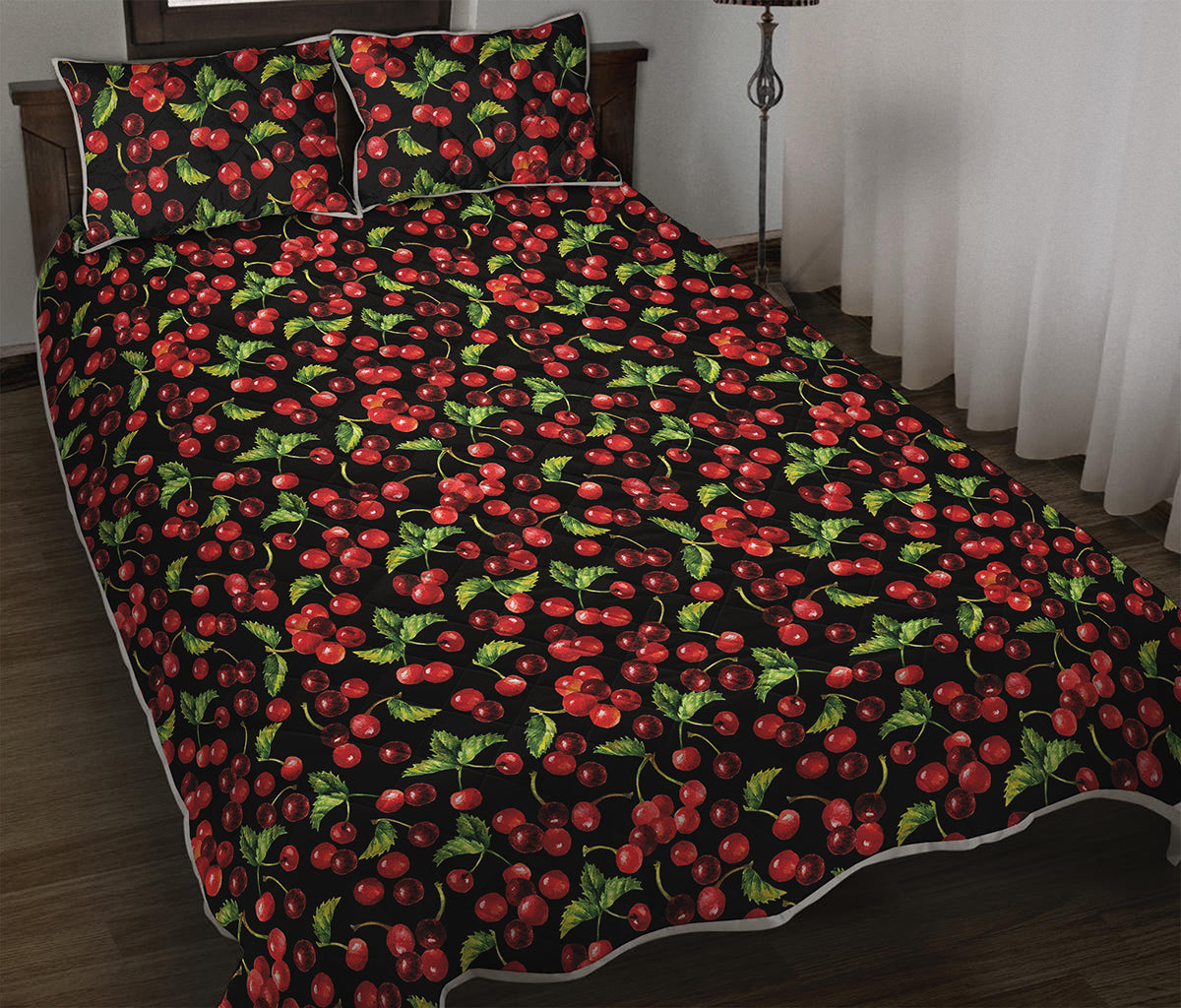 Watercolor Cherry Pattern Print Quilt Bed Set