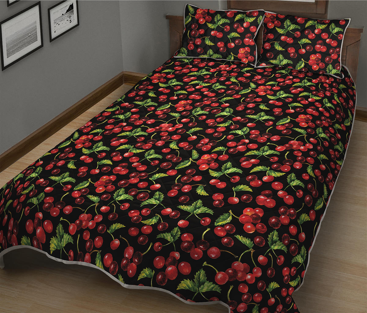 Watercolor Cherry Pattern Print Quilt Bed Set