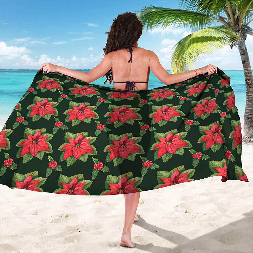 Watercolor Christmas Poinsettia Print Beach Sarong Wrap