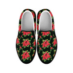Watercolor Christmas Poinsettia Print Black Slip On Shoes