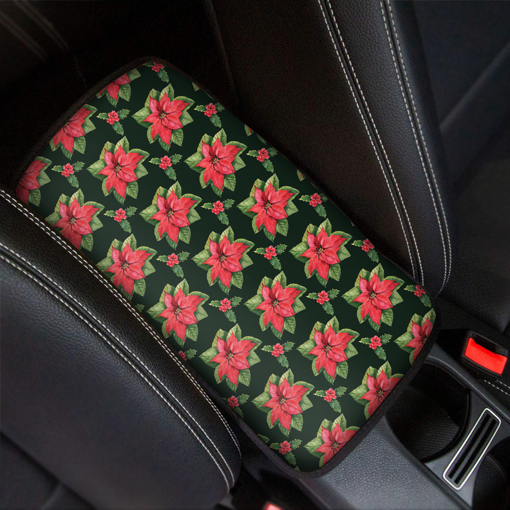 Watercolor Christmas Poinsettia Print Car Center Console Cover