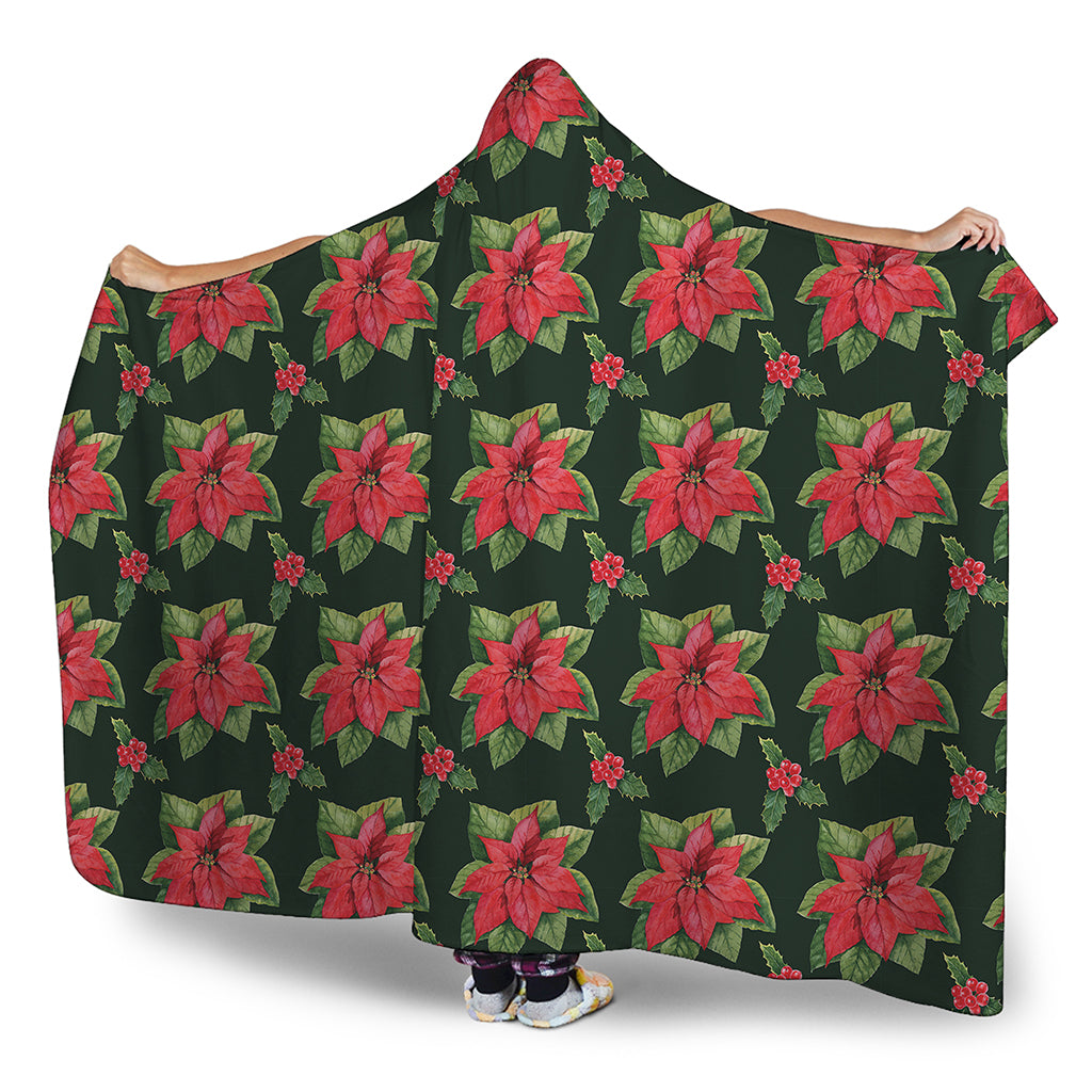 Watercolor Christmas Poinsettia Print Hooded Blanket