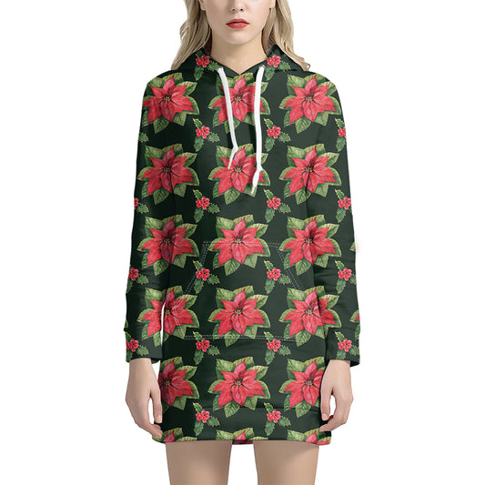 Watercolor Christmas Poinsettia Print Hoodie Dress
