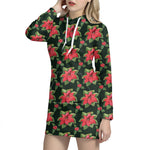 Watercolor Christmas Poinsettia Print Hoodie Dress
