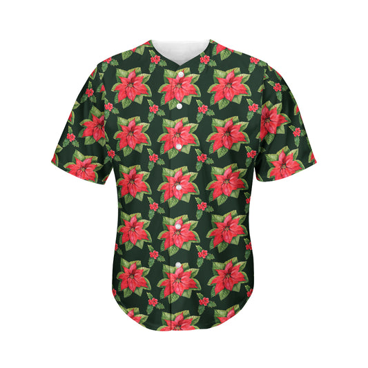 Watercolor Christmas Poinsettia Print Men's Baseball Jersey