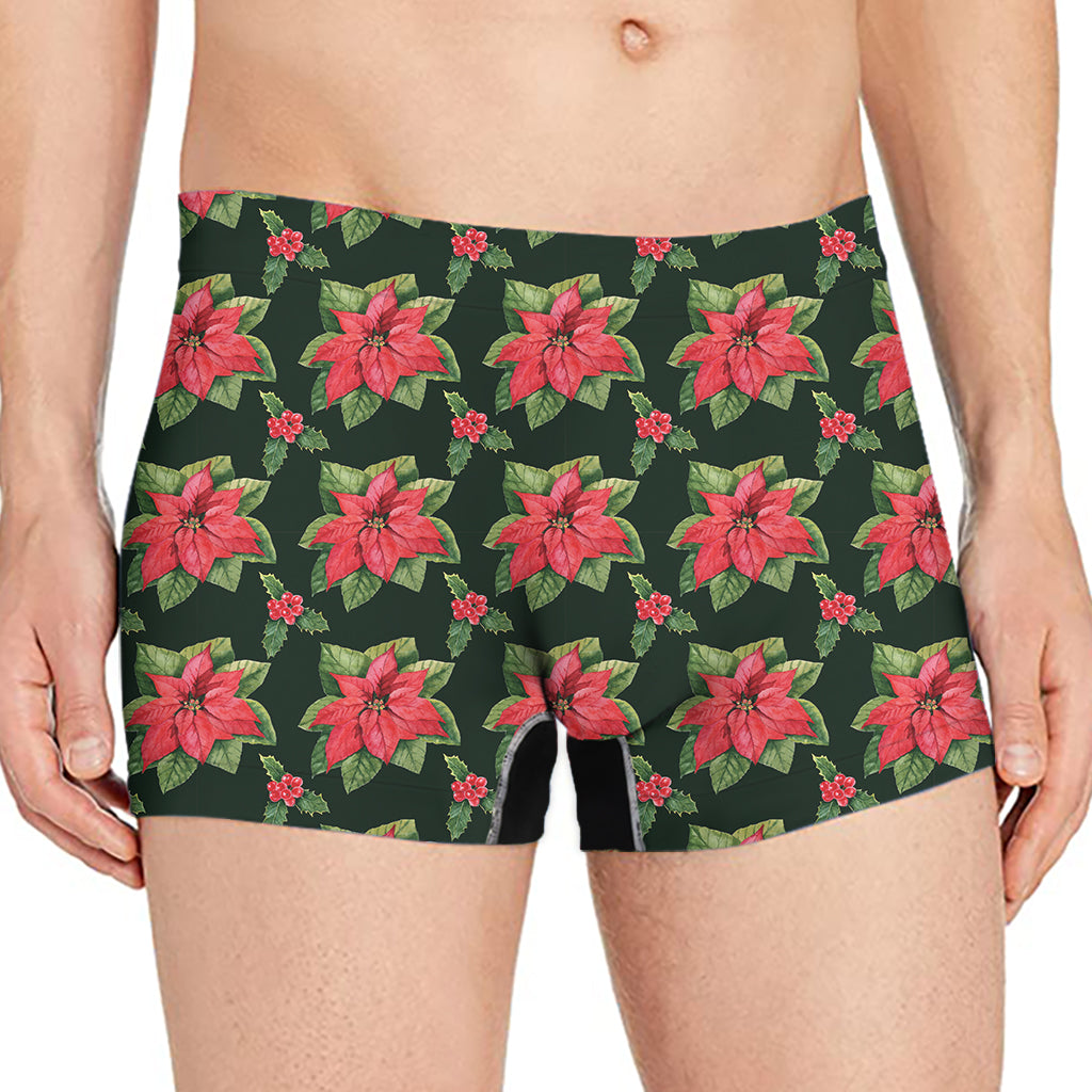 Watercolor Christmas Poinsettia Print Men's Boxer Briefs
