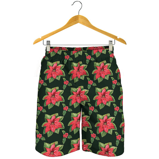 Watercolor Christmas Poinsettia Print Men's Shorts