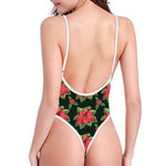 Watercolor Christmas Poinsettia Print One Piece High Cut Swimsuit