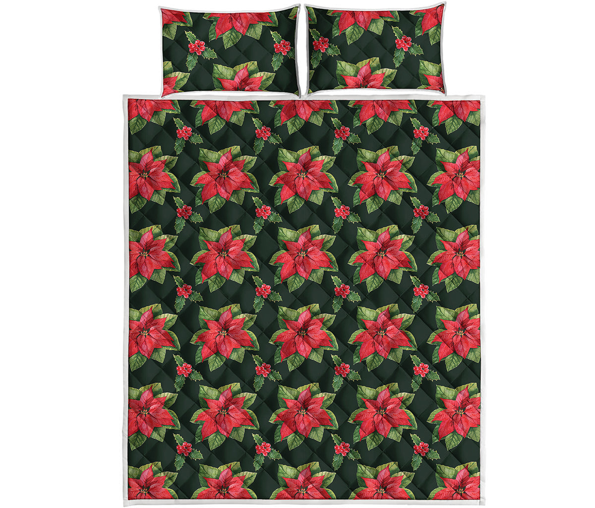 Watercolor Christmas Poinsettia Print Quilt Bed Set