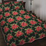 Watercolor Christmas Poinsettia Print Quilt Bed Set
