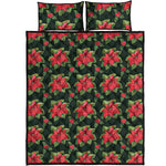 Watercolor Christmas Poinsettia Print Quilt Bed Set
