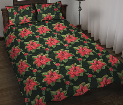 Watercolor Christmas Poinsettia Print Quilt Bed Set