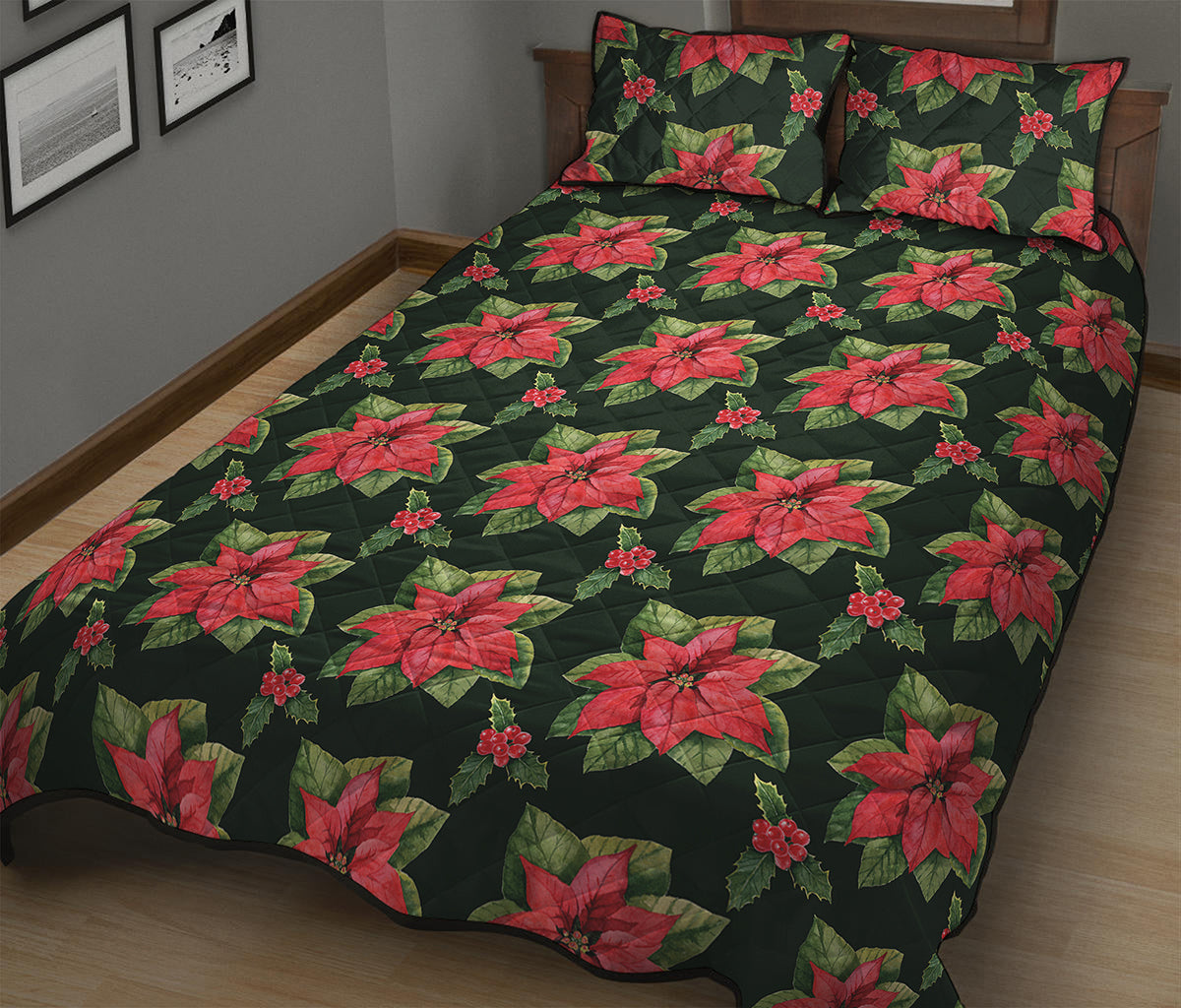 Watercolor Christmas Poinsettia Print Quilt Bed Set