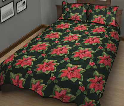 Watercolor Christmas Poinsettia Print Quilt Bed Set
