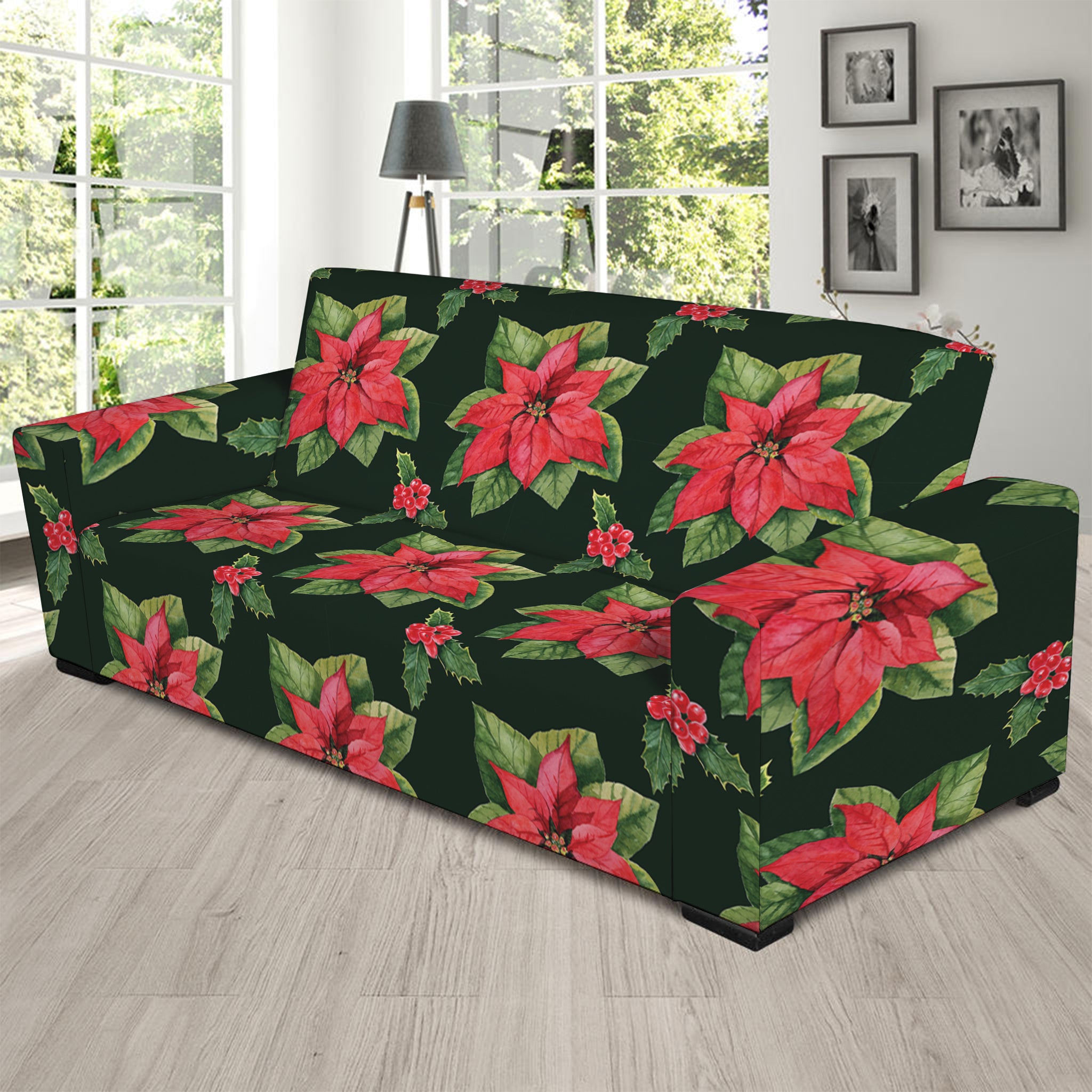 Watercolor Christmas Poinsettia Print Sofa Slipcover