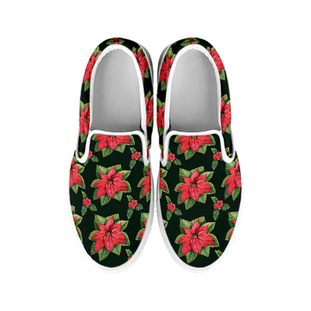 Watercolor Christmas Poinsettia Print White Slip On Shoes