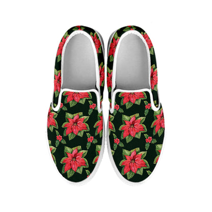 Watercolor Christmas Poinsettia Print White Slip On Shoes
