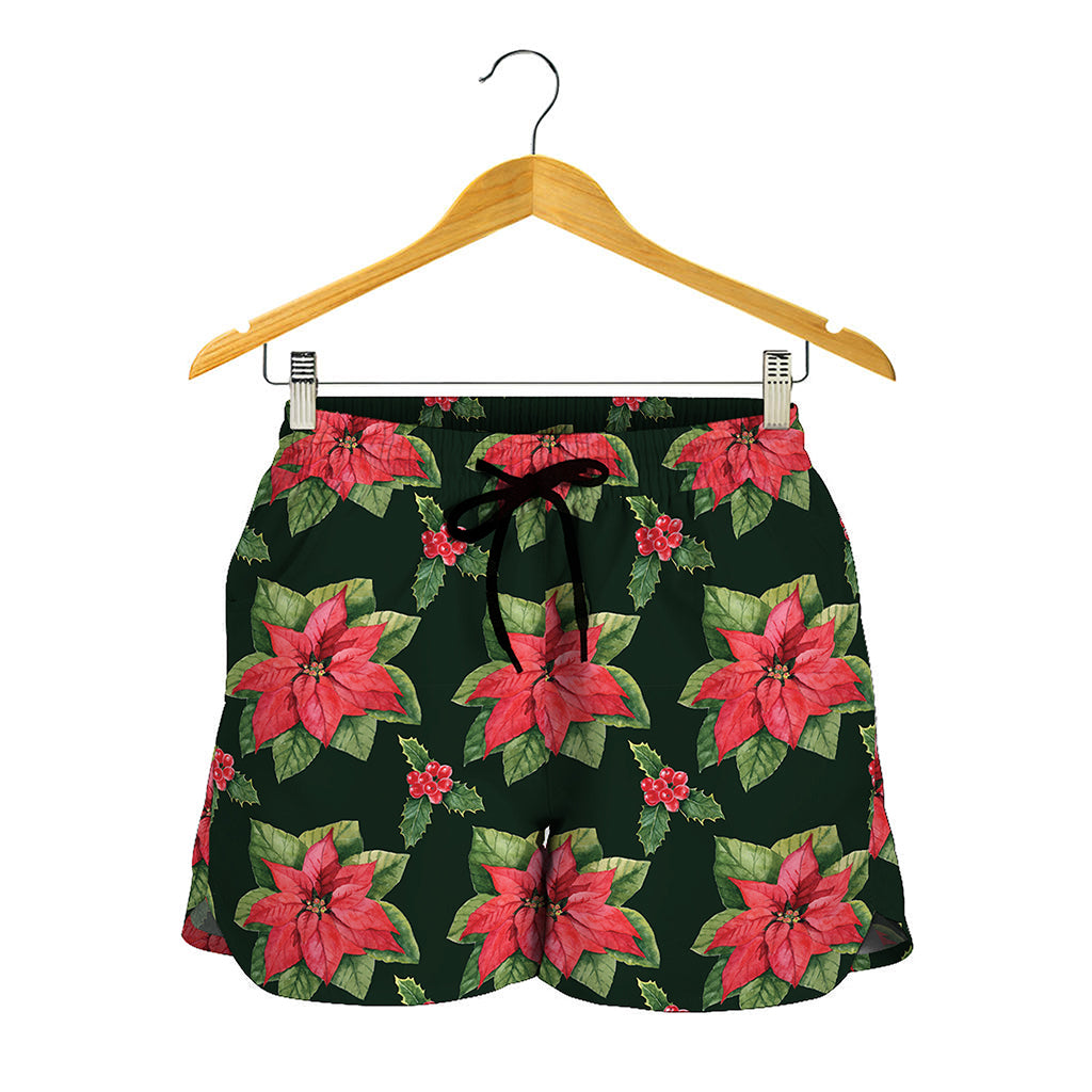 Watercolor Christmas Poinsettia Print Women's Shorts