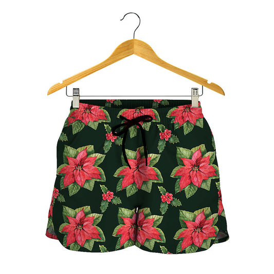 Watercolor Christmas Poinsettia Print Women's Shorts