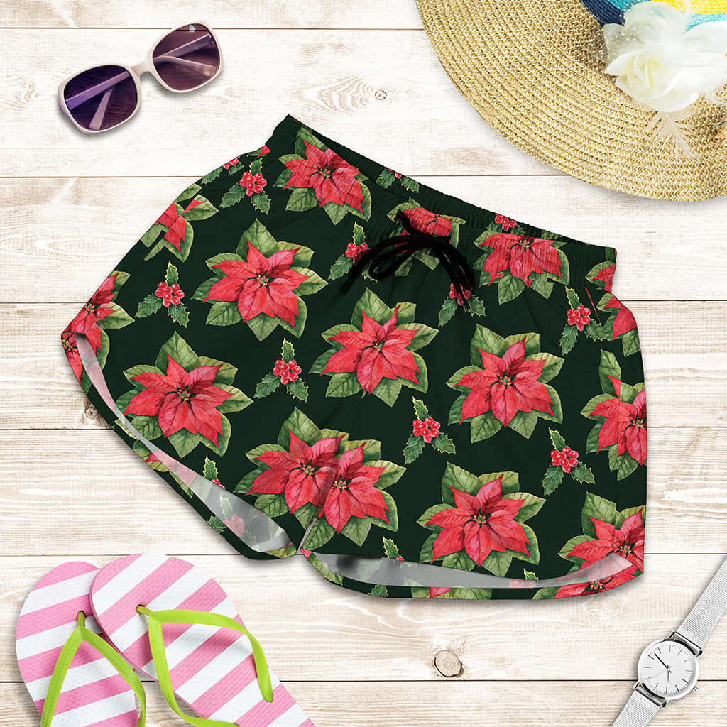 Watercolor Christmas Poinsettia Print Women's Shorts