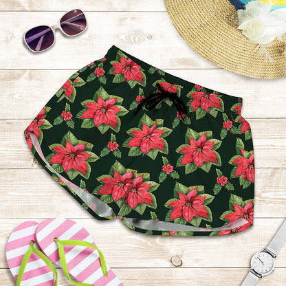 Watercolor Christmas Poinsettia Print Women's Shorts